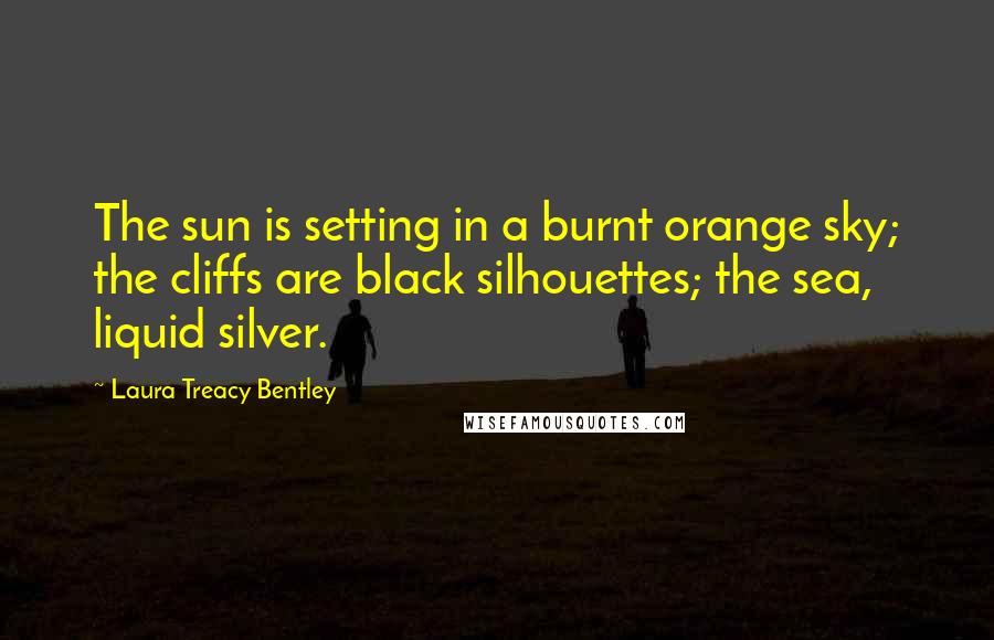 Laura Treacy Bentley quotes: The sun is setting in a burnt orange sky; the cliffs are black silhouettes; the sea, liquid silver.
