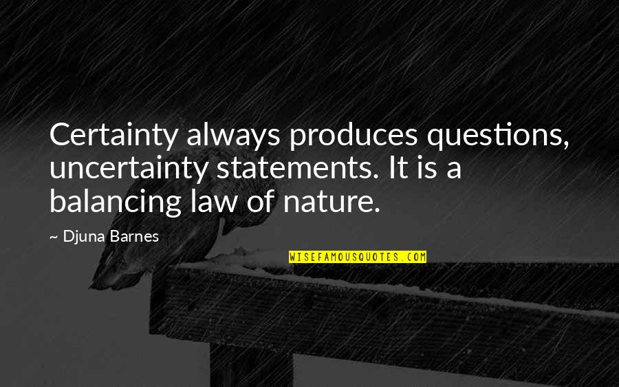 Law Is Quotes By Djuna Barnes: Certainty always produces questions, uncertainty statements. It is