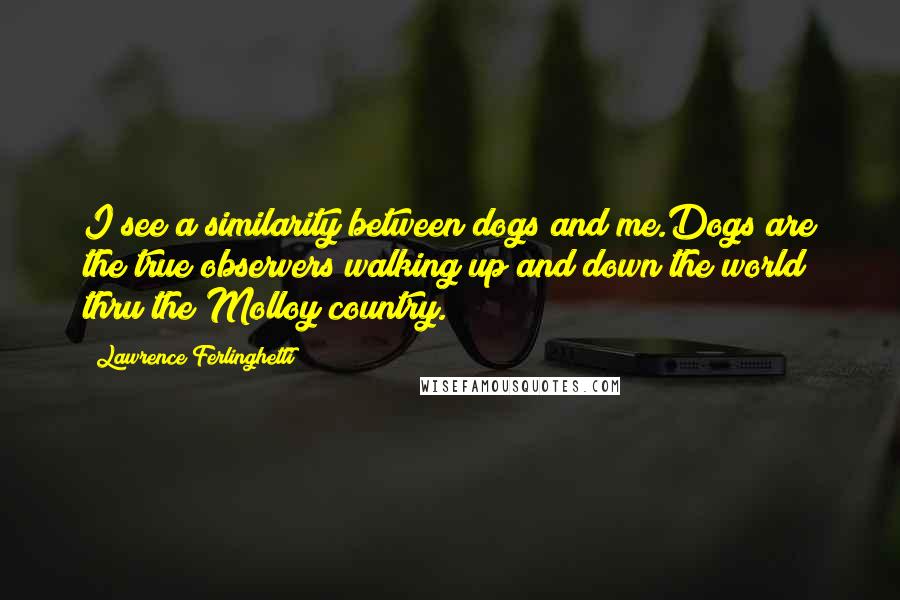 Lawrence Ferlinghetti quotes: I see a similarity between dogs and me.Dogs are the true observers walking up and down the world thru the Molloy country.