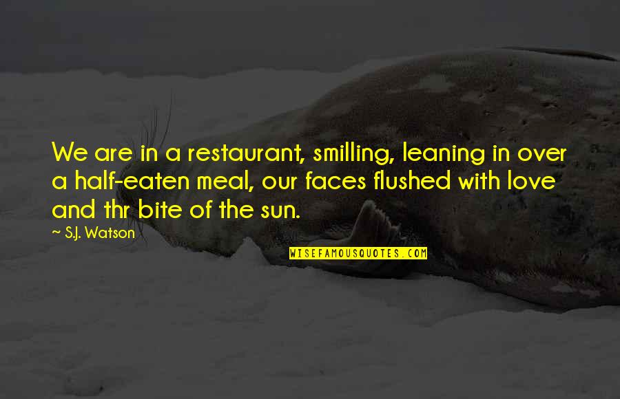 Leaning's Quotes By S.J. Watson: We are in a restaurant, smilling, leaning in Leaning's Quotes By S.J. Watson: We are in a restaurant, smilling, leaning in