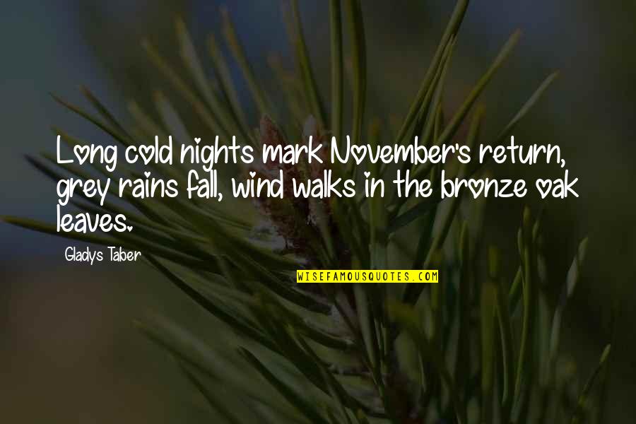 Leaves In The Fall Quotes By Gladys Taber: Long cold nights mark November's return, grey rains