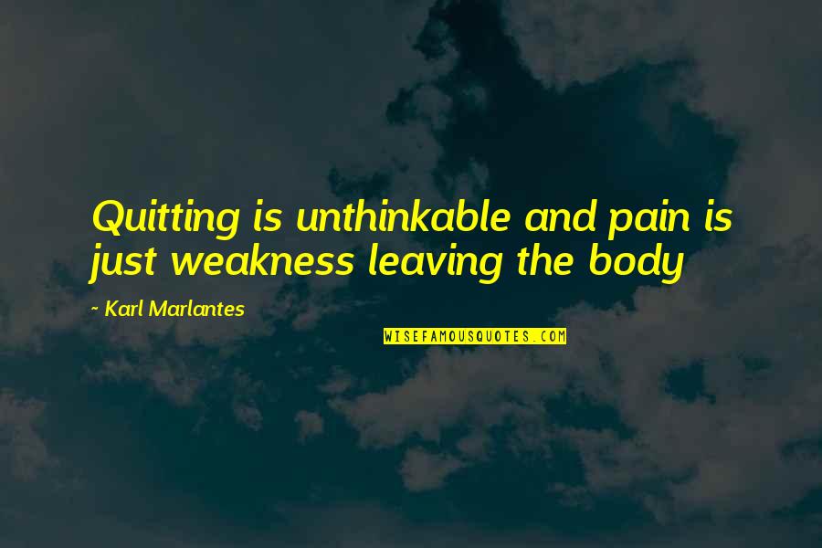 Leaving Pain Quotes By Karl Marlantes: Quitting is unthinkable and pain is just weakness