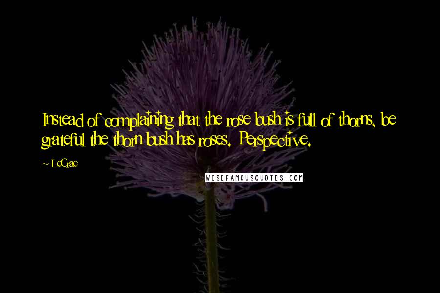 LeCrae quotes: Instead of complaining that the rose bush is full of thorns, be grateful the thorn bush has roses. Perspective.