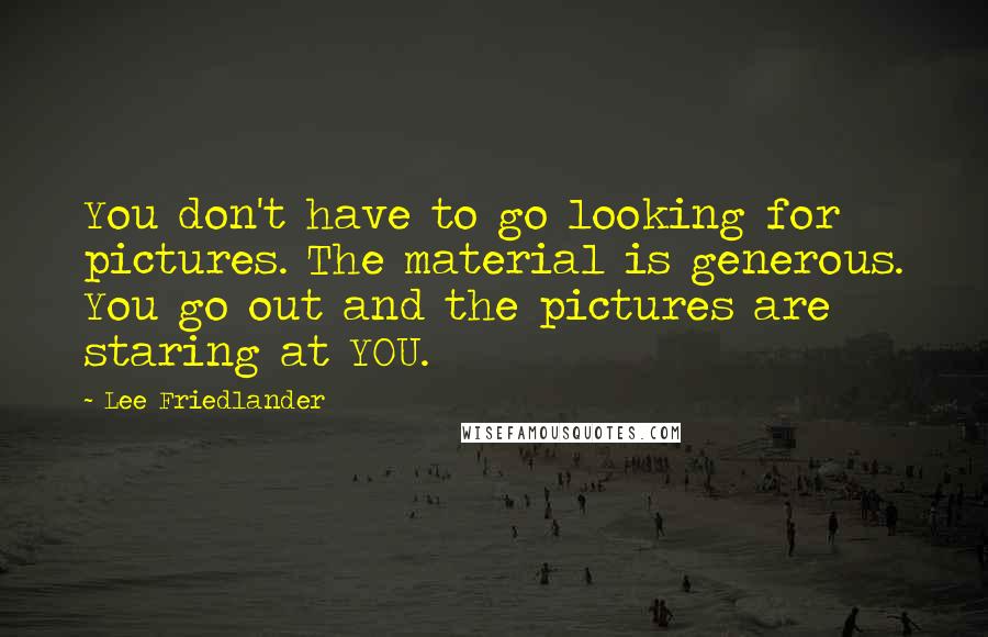 Lee Friedlander quotes: You don't have to go looking for pictures. The material is generous. You go out and the pictures are staring at YOU.