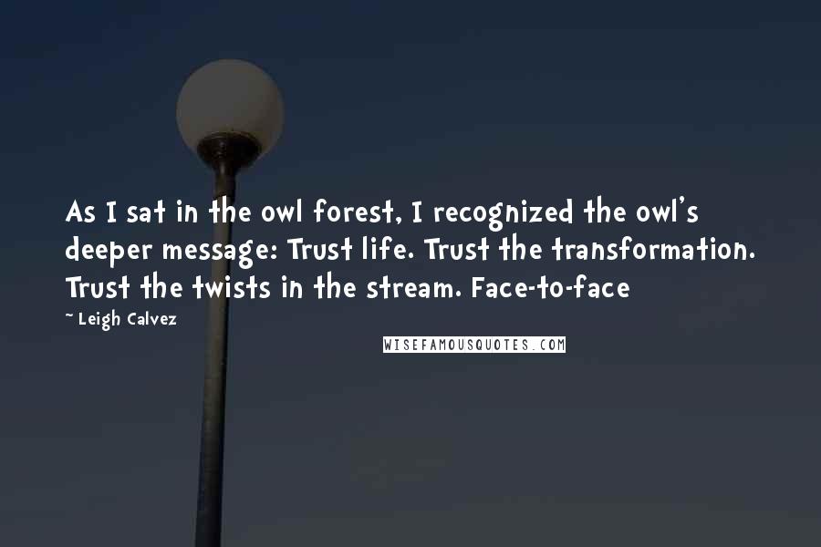 Leigh Calvez quotes: As I sat in the owl forest, I recognized the owl's deeper message: Trust life. Trust the transformation. Trust the twists in the stream. Face-to-face Leigh Calvez quotes: As I sat in the owl forest, I recognized the owl's deeper message: Trust life. Trust the transformation. Trust the twists in the stream. Face-to-face