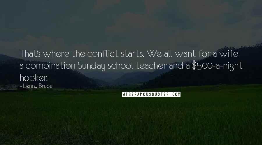 Lenny Bruce quotes: That's where the conflict starts. We all want for a wife a combination Sunday school teacher and a $500-a-night hooker. Lenny Bruce quotes: That's where the conflict starts. We all want for a wife a combination Sunday school teacher and a $500-a-night hooker.