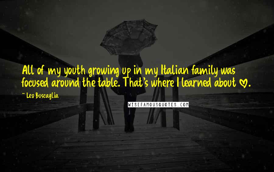 Leo Buscaglia quotes: All of my youth growing up in my Italian family was focused around the table. That's where I learned about love. Leo Buscaglia quotes: All of my youth growing up in my Italian family was focused around the table. That's where I learned about love.