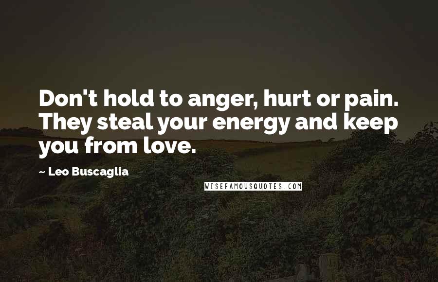 Leo Buscaglia quotes: Don't hold to anger, hurt or pain. They steal your energy and keep you from love.