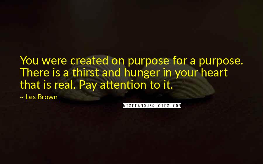 Les Brown quotes: You were created on purpose for a purpose. There is a thirst and hunger in your heart that is real. Pay attention to it.