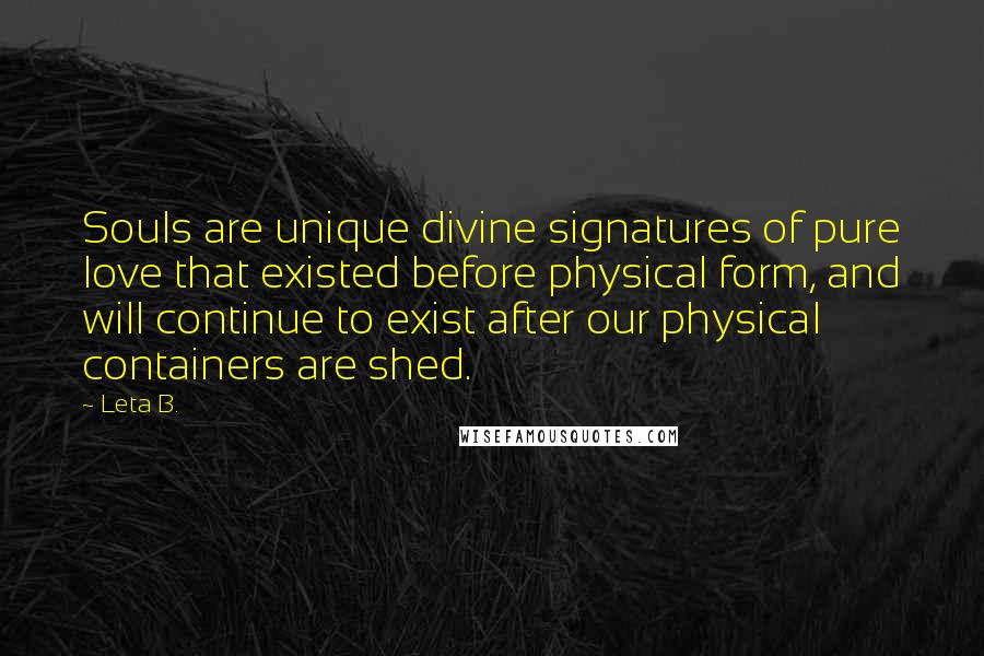 Leta B. quotes: Souls are unique divine signatures of pure love that existed before physical form, and will continue to exist after our physical containers are shed.
