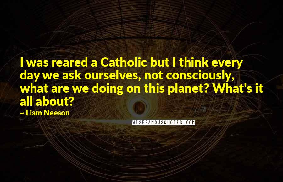 Liam Neeson quotes: I was reared a Catholic but I think every day we ask ourselves, not consciously, what are we doing on this planet? What's it all about?