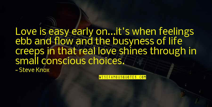 Life And Choices Quotes By Steve Knox: Love is easy early on...it's when feelings ebb Life And Choices Quotes By Steve Knox: Love is easy early on...it's when feelings ebb