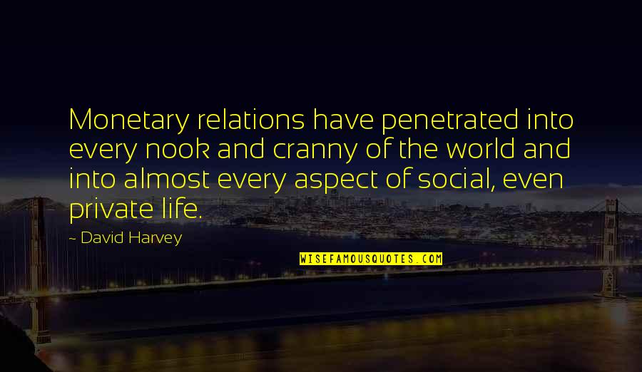 Life Aspect Quotes By David Harvey: Monetary relations have penetrated into every nook and