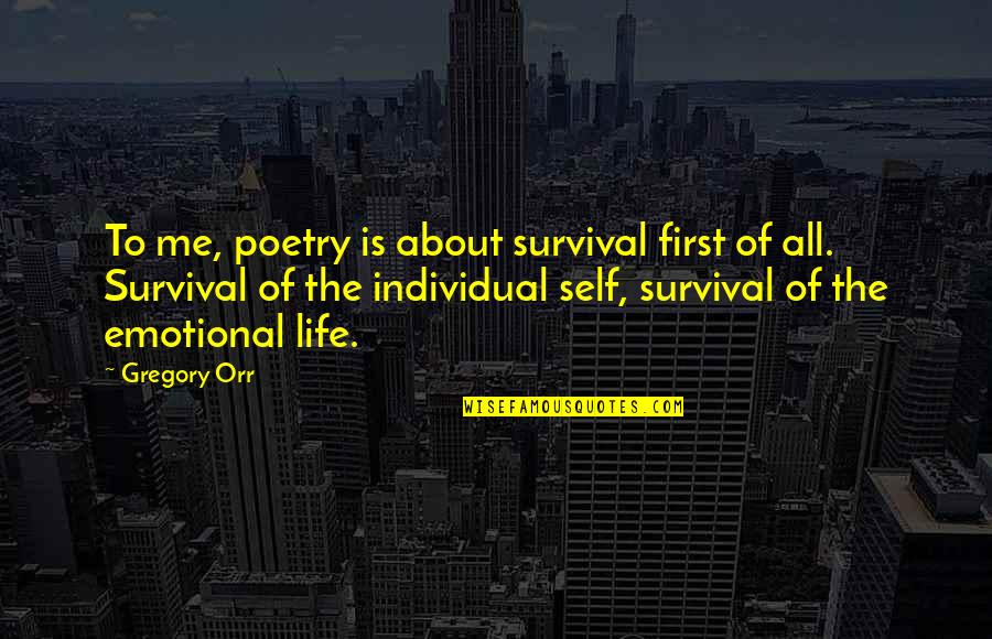 Life Emotional Quotes By Gregory Orr: To me, poetry is about survival first of