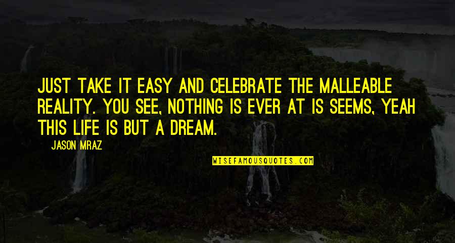 Life Is Just A Dream Quotes By Jason Mraz: Just take it easy and celebrate the malleable