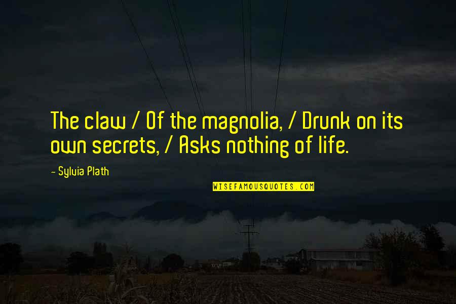 Life Secrets Quotes By Sylvia Plath: The claw / Of the magnolia, / Drunk