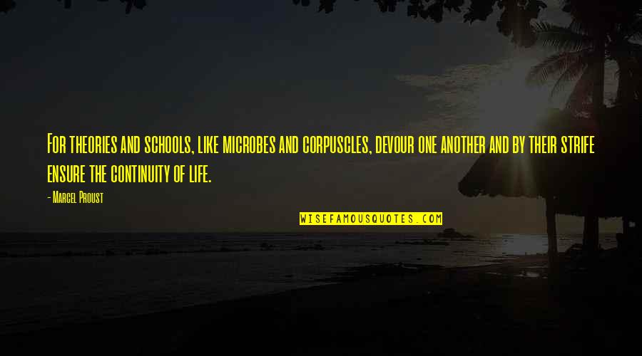 Life Theories Quotes By Marcel Proust: For theories and schools, like microbes and corpuscles,