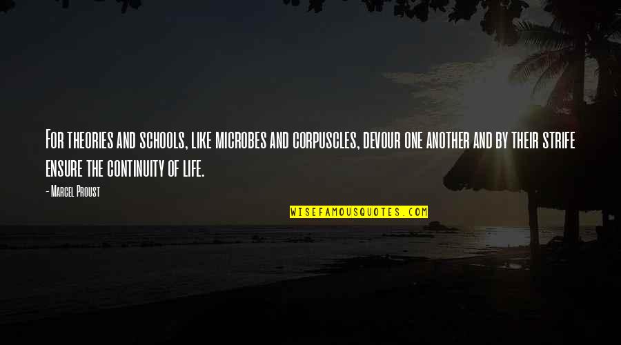 Life Theory Quotes By Marcel Proust: For theories and schools, like microbes and corpuscles, Life Theory Quotes By Marcel Proust: For theories and schools, like microbes and corpuscles,