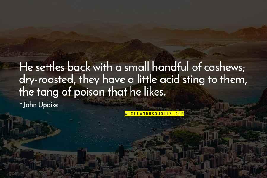 Likes It From The Back Quotes By John Updike: He settles back with a small handful of