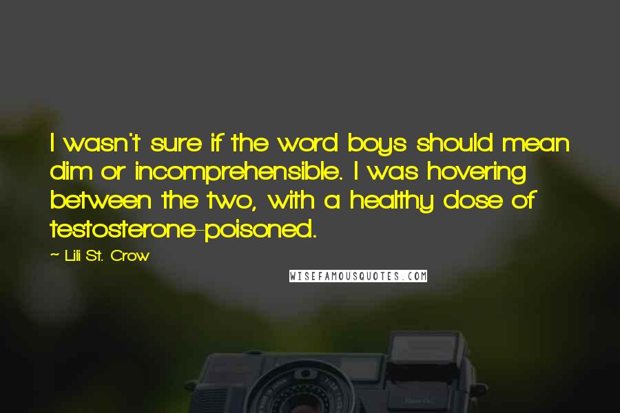 Lili St. Crow quotes: I wasn't sure if the word boys should mean dim or incomprehensible. I was hovering between the two, with a healthy dose of testosterone-poisoned. Lili St. Crow quotes: I wasn't sure if the word boys should mean dim or incomprehensible. I was hovering between the two, with a healthy dose of testosterone-poisoned.