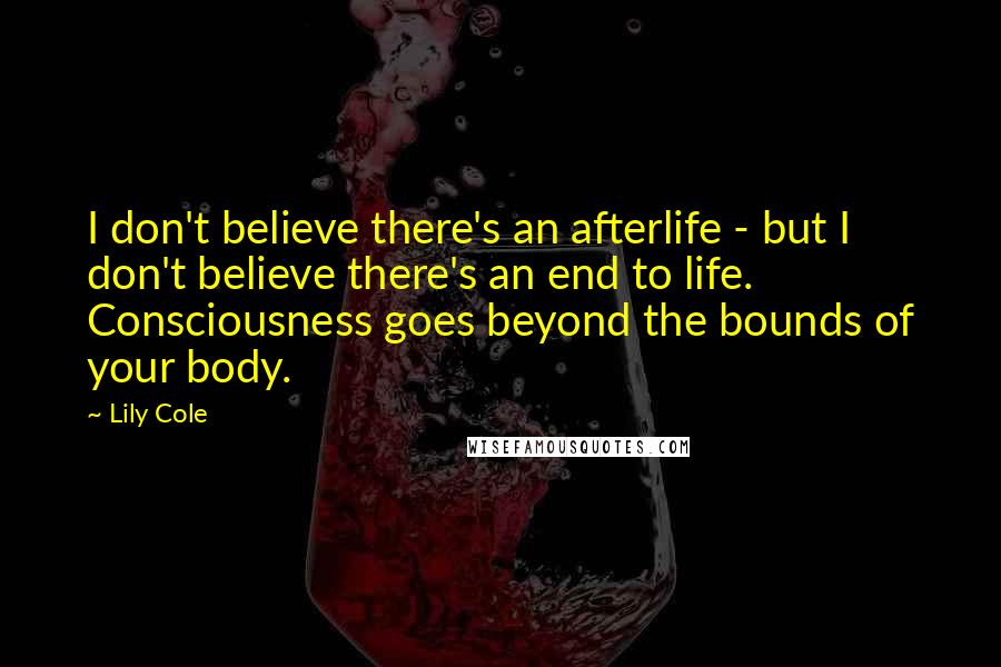 Lily Cole quotes: I don't believe there's an afterlife - but I don't believe there's an end to life. Consciousness goes beyond the bounds of your body.