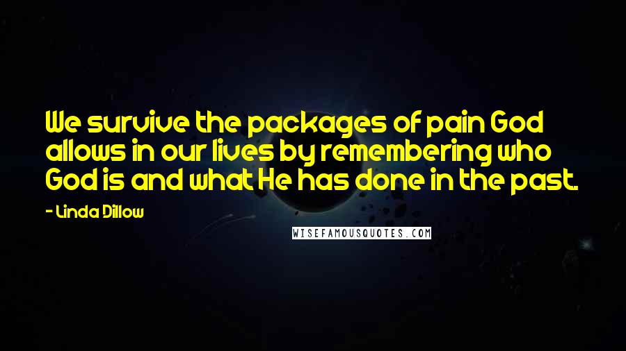 Linda Dillow quotes: We survive the packages of pain God allows in our lives by remembering who God is and what He has done in the past.