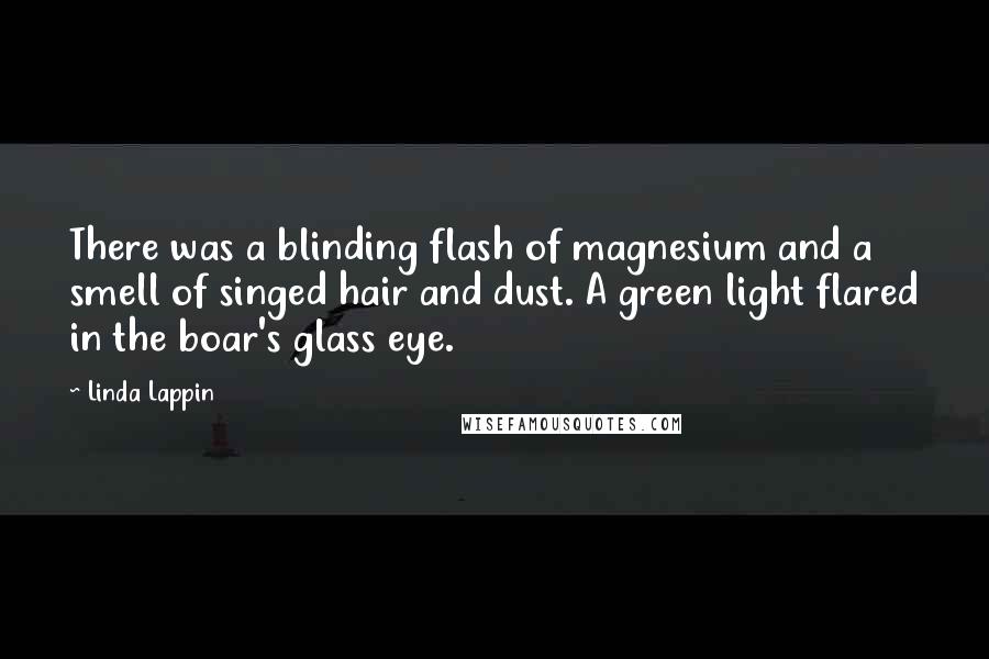 Linda Lappin quotes: There was a blinding flash of magnesium and a smell of singed hair and dust. A green light flared in the boar's glass eye.