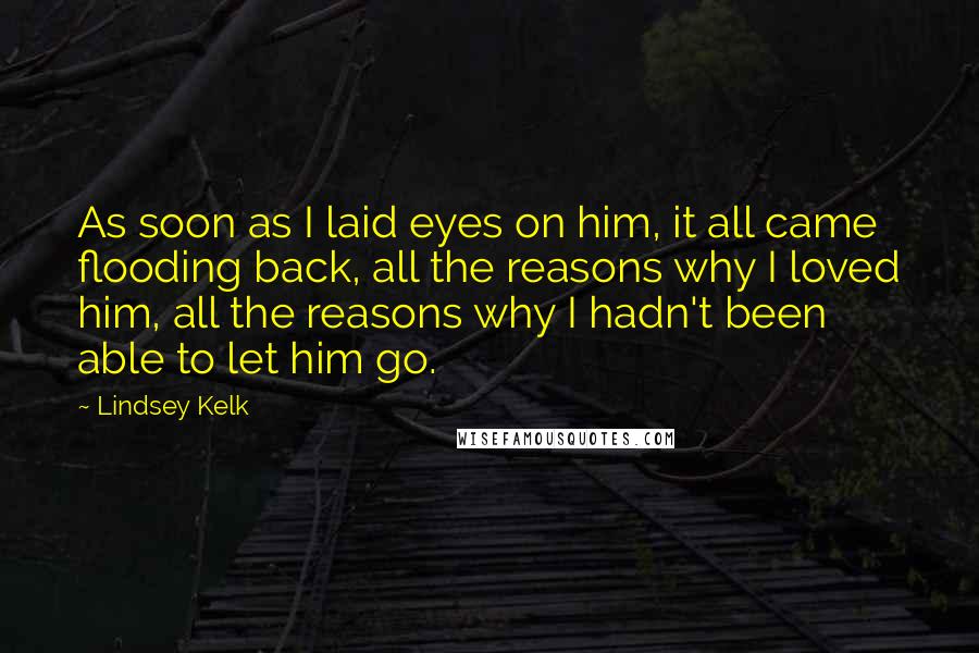 Lindsey Kelk quotes: As soon as I laid eyes on him, it all came flooding back, all the reasons why I loved him, all the reasons why I hadn't been able to let