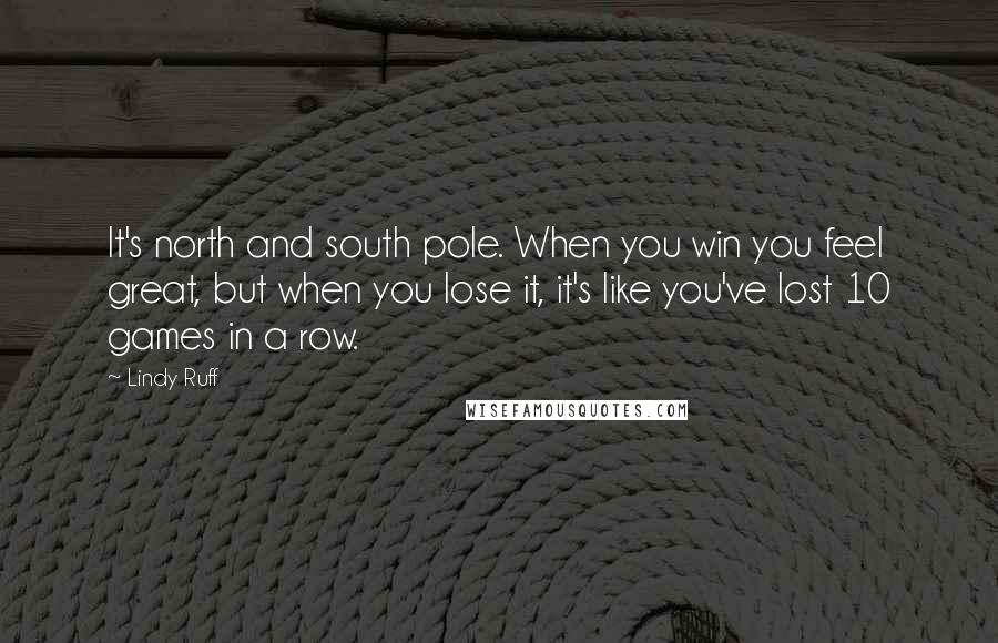 Lindy Ruff quotes: It's north and south pole. When you win you feel great, but when you lose it, it's like you've lost 10 games in a row. Lindy Ruff quotes: It's north and south pole. When you win you feel great, but when you lose it, it's like you've lost 10 games in a row.