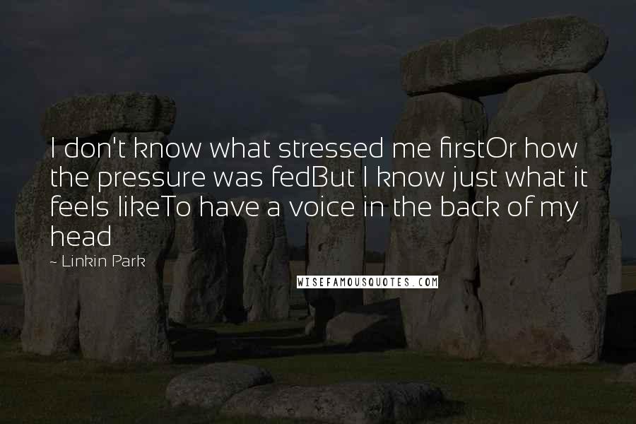 Linkin Park quotes: I don't know what stressed me firstOr how the pressure was fedBut I know just what it feels likeTo have a voice in the back of my head