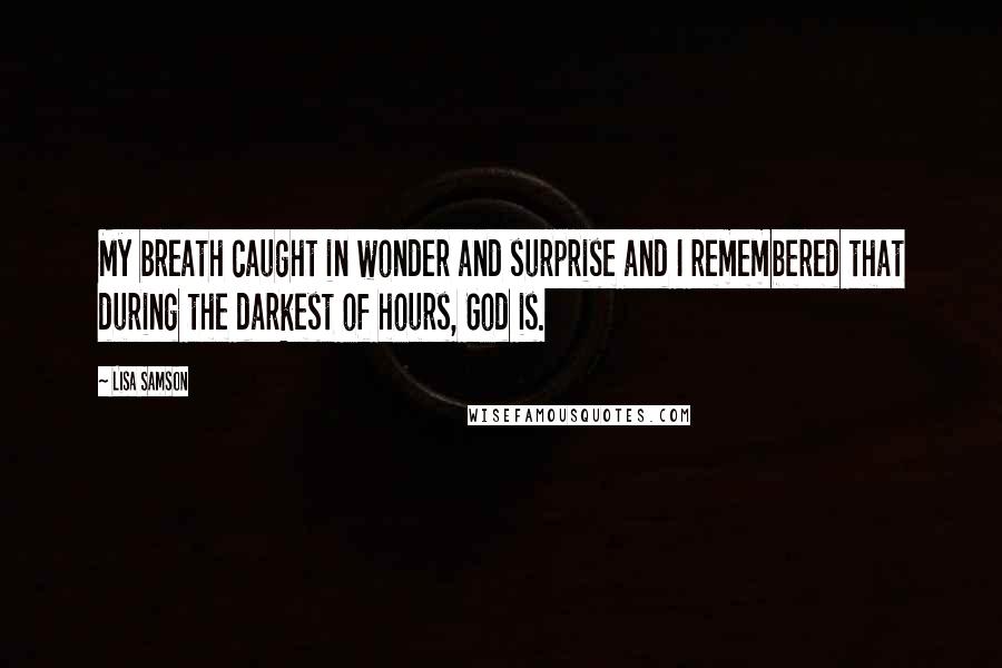 Lisa Samson quotes: My breath caught in wonder and surprise and I remembered that during the darkest of hours, God is.