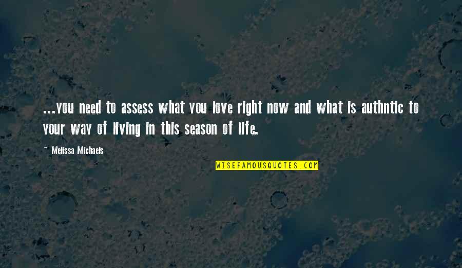 Living Life Now Quotes By Melissa Michaels: ...you need to assess what you love right