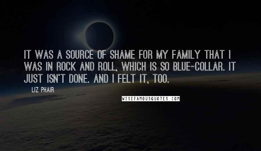 Liz Phair quotes: It was a source of shame for my family that I was in rock and roll, which is so blue-collar. It just isn't done. And I felt it, too.