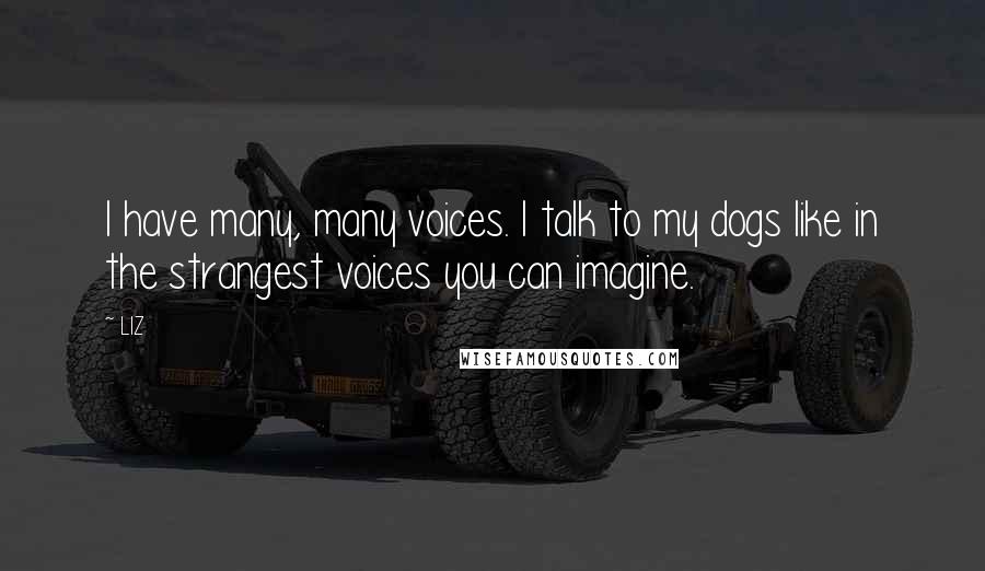 LIZ quotes: I have many, many voices. I talk to my dogs like in the strangest voices you can imagine.