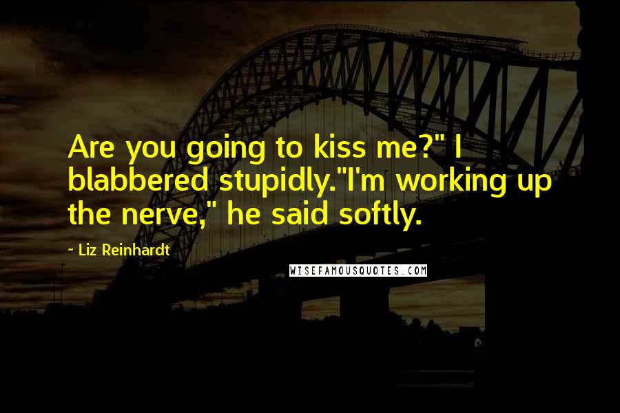 Liz Reinhardt quotes: Are you going to kiss me?" I blabbered stupidly."I'm working up the nerve," he said softly.