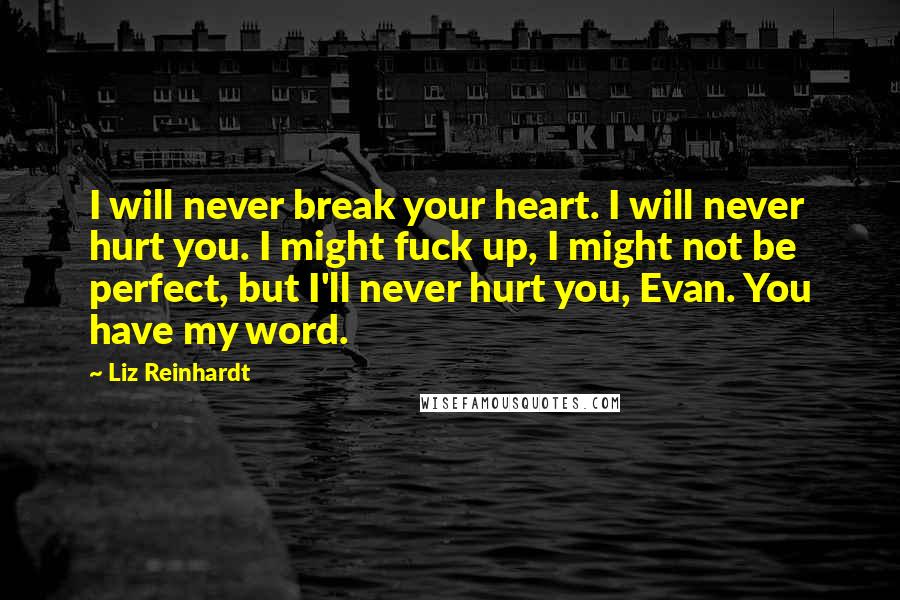 Liz Reinhardt quotes: I will never break your heart. I will never hurt you. I might fuck up, I might not be perfect, but I'll never hurt you, Evan. You have my word.