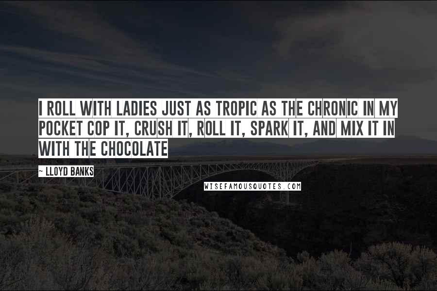 Lloyd Banks quotes: I roll with Ladies just as tropic as the chronic in my pocket Cop it, Crush it, Roll it, Spark it, and mix it in with the chocolate