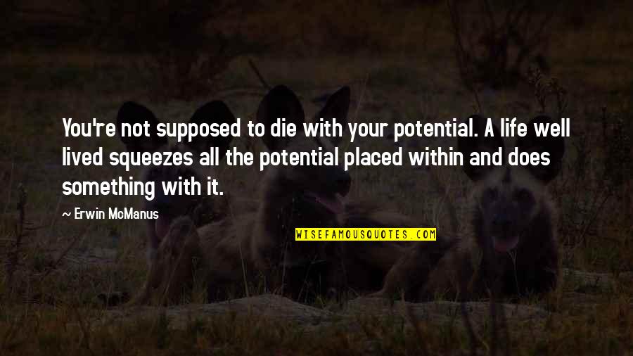 Llygad Ebrill Quotes By Erwin McManus: You're not supposed to die with your potential.