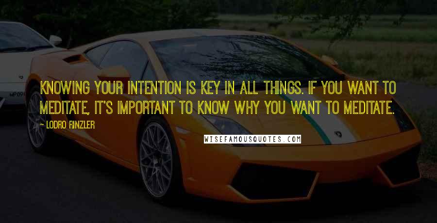 Lodro Rinzler quotes: Knowing your intention is key in all things. If you want to meditate, it's important to know why you want to meditate. Lodro Rinzler quotes: Knowing your intention is key in all things. If you want to meditate, it's important to know why you want to meditate.