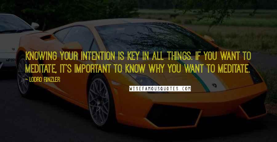 Lodro Rinzler quotes: Knowing your intention is key in all things. If you want to meditate, it's important to know why you want to meditate.