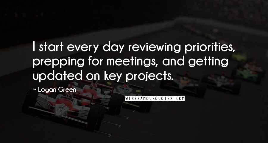 Logan Green quotes: I start every day reviewing priorities, prepping for meetings, and getting updated on key projects.