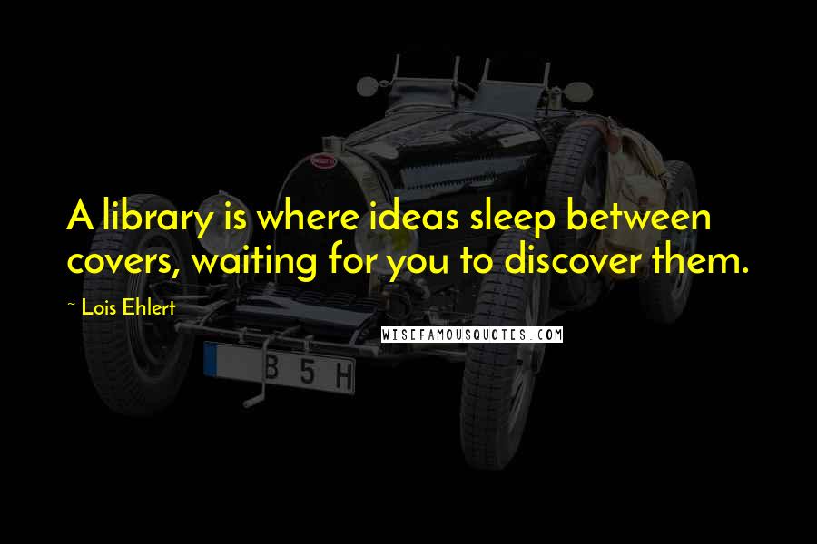 Lois Ehlert quotes: A library is where ideas sleep between covers, waiting for you to discover them.