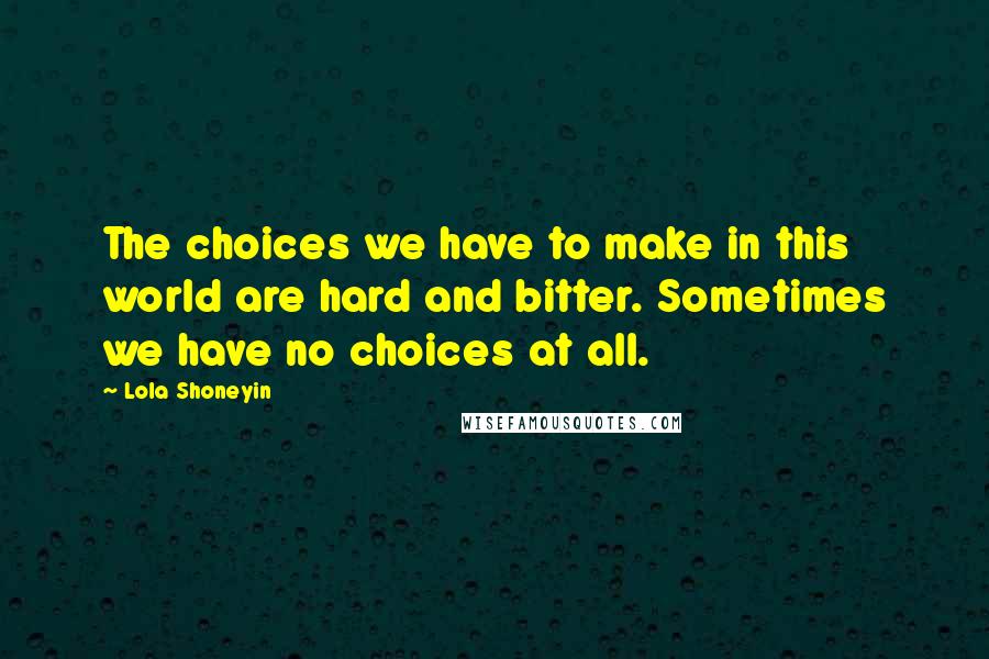 Lola Shoneyin quotes: The choices we have to make in this world are hard and bitter. Sometimes we have no choices at all.