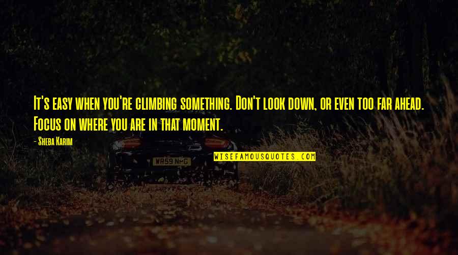 Look Far Quotes By Sheba Karim: It's easy when you're climbing something. Don't look Look Far Quotes By Sheba Karim: It's easy when you're climbing something. Don't look