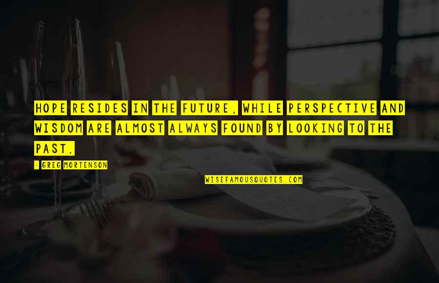 Looking Into Your Future Quotes By Greg Mortenson: Hope resides in the future, while perspective and