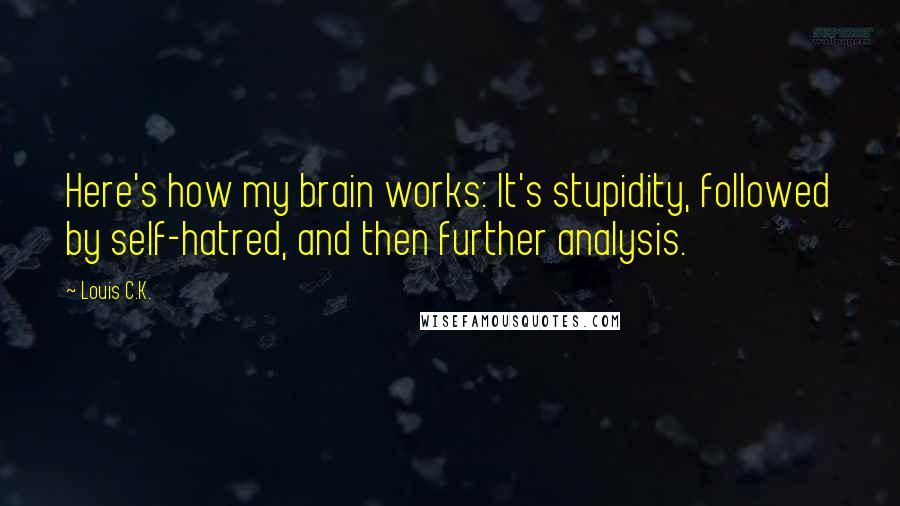 Louis C.K. quotes: Here's how my brain works: It's stupidity, followed by self-hatred, and then further analysis.