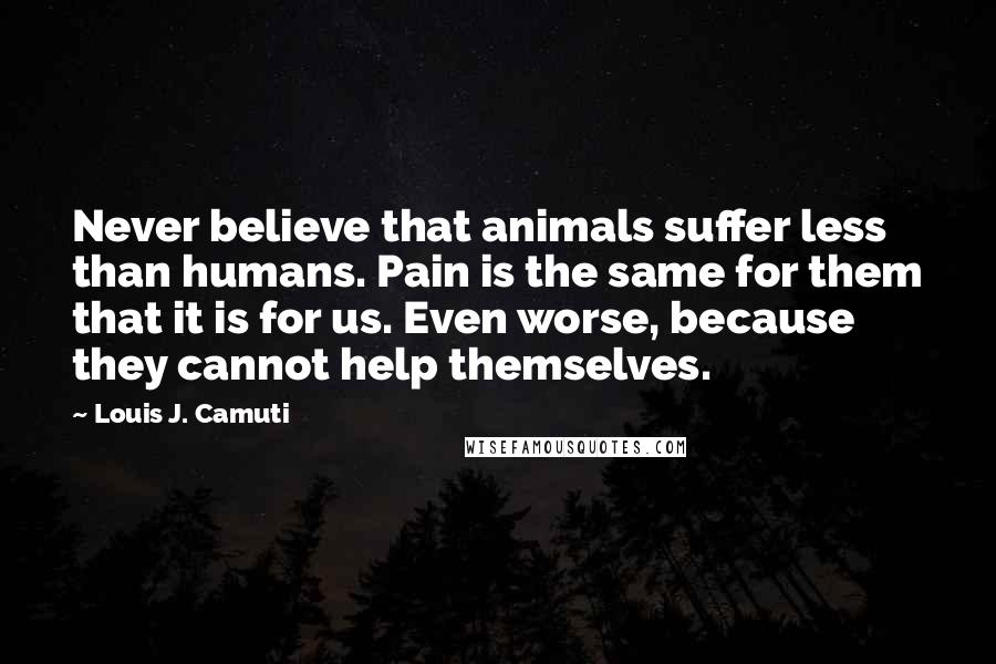 Louis J. Camuti quotes: Never believe that animals suffer less than humans. Pain is the same for them that it is for us. Even worse, because they cannot help themselves.
