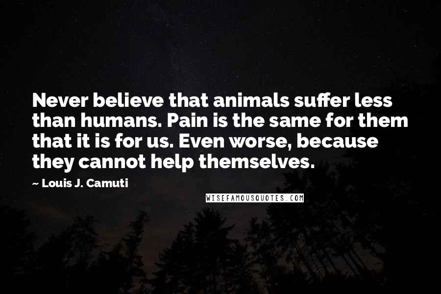 Louis J. Camuti quotes: Never believe that animals suffer less than humans. Pain is the same for them that it is for us. Even worse, because they cannot help themselves. Louis J. Camuti quotes: Never believe that animals suffer less than humans. Pain is the same for them that it is for us. Even worse, because they cannot help themselves.