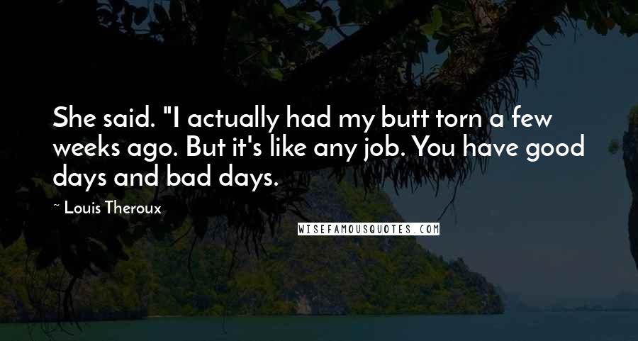 Louis Theroux quotes: She said. "I actually had my butt torn a few weeks ago. But it's like any job. You have good days and bad days.