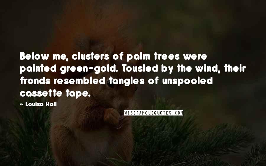 Louisa Hall quotes: Below me, clusters of palm trees were painted green-gold. Tousled by the wind, their fronds resembled tangles of unspooled cassette tape.